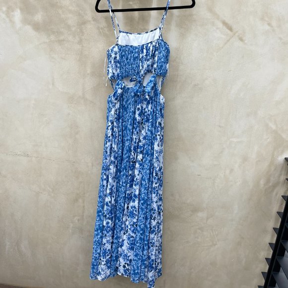 Amur Holland Tie Pleated Chiffon Maxi Spaghetti Strap Dress Blue Floral Print - Picture 11 of 13